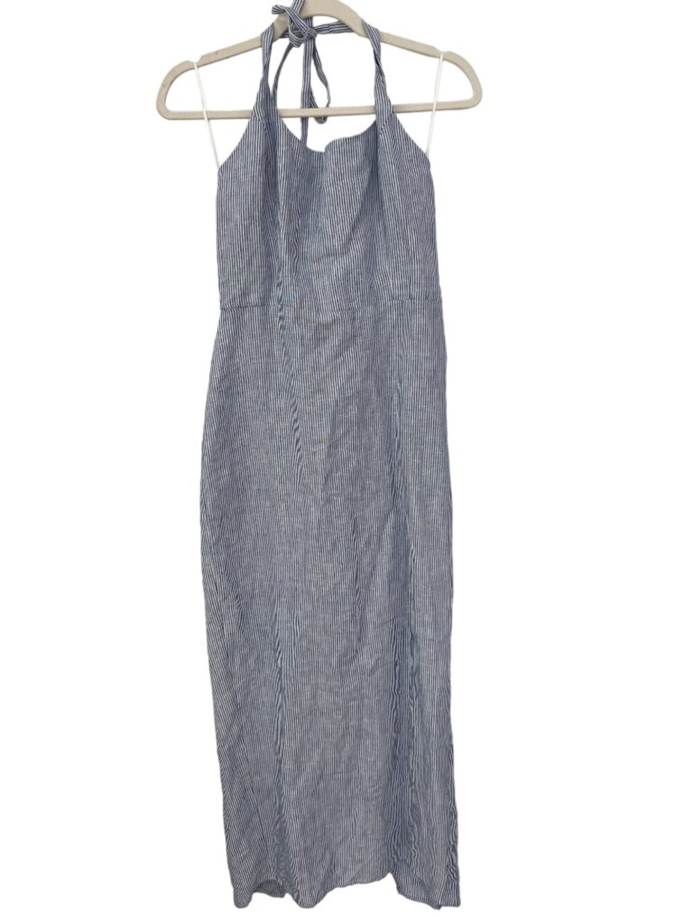 Oliveaceous Maxi Dress Large Linen Striped Halter Blue White Nautical Trendy